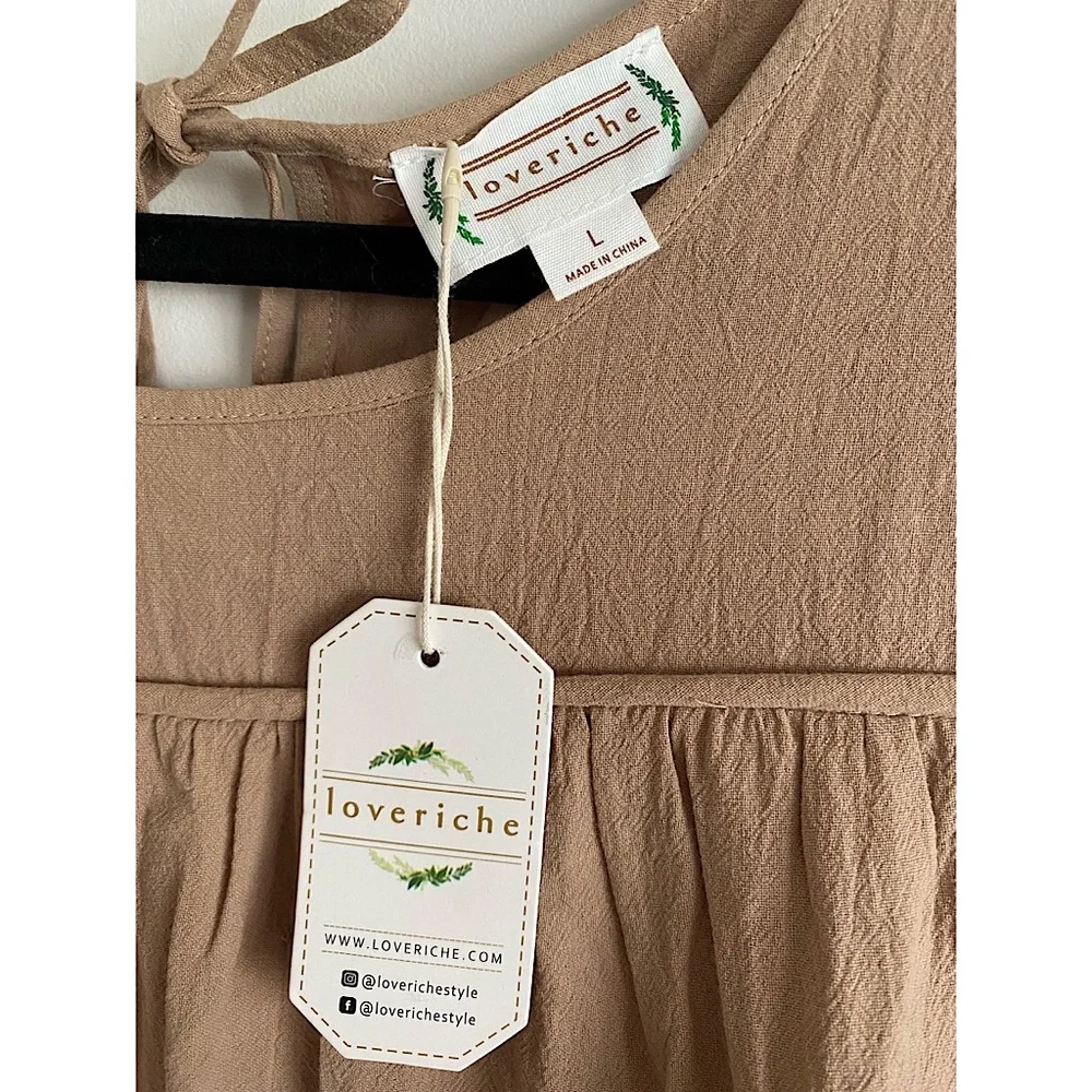 NWT Loveriche Tan Babydoll Mini Dress Tunic with Bow tie Back and Long Sleeves L - Picture 6 of 7